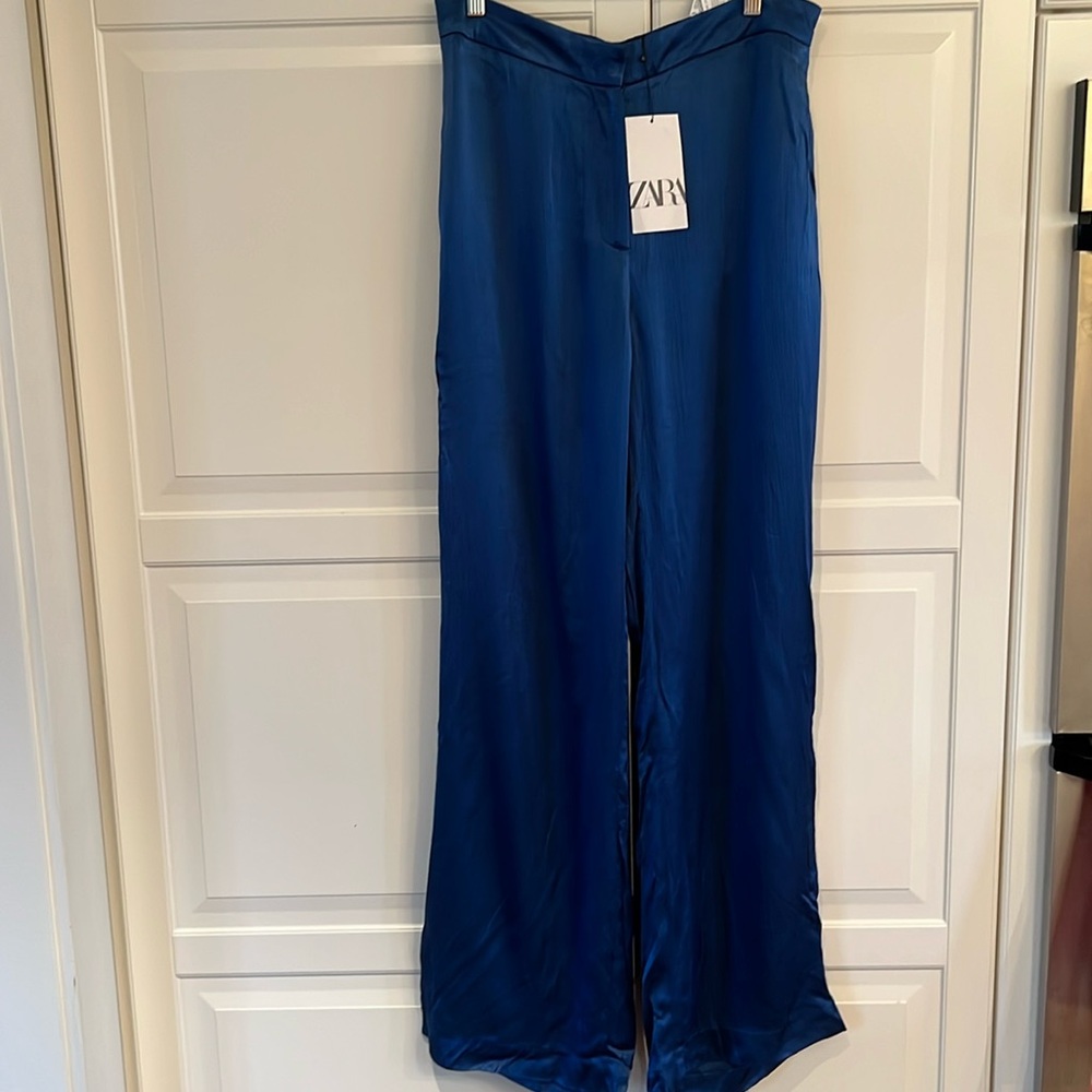 NWT zara shiny blue wide leg pants large